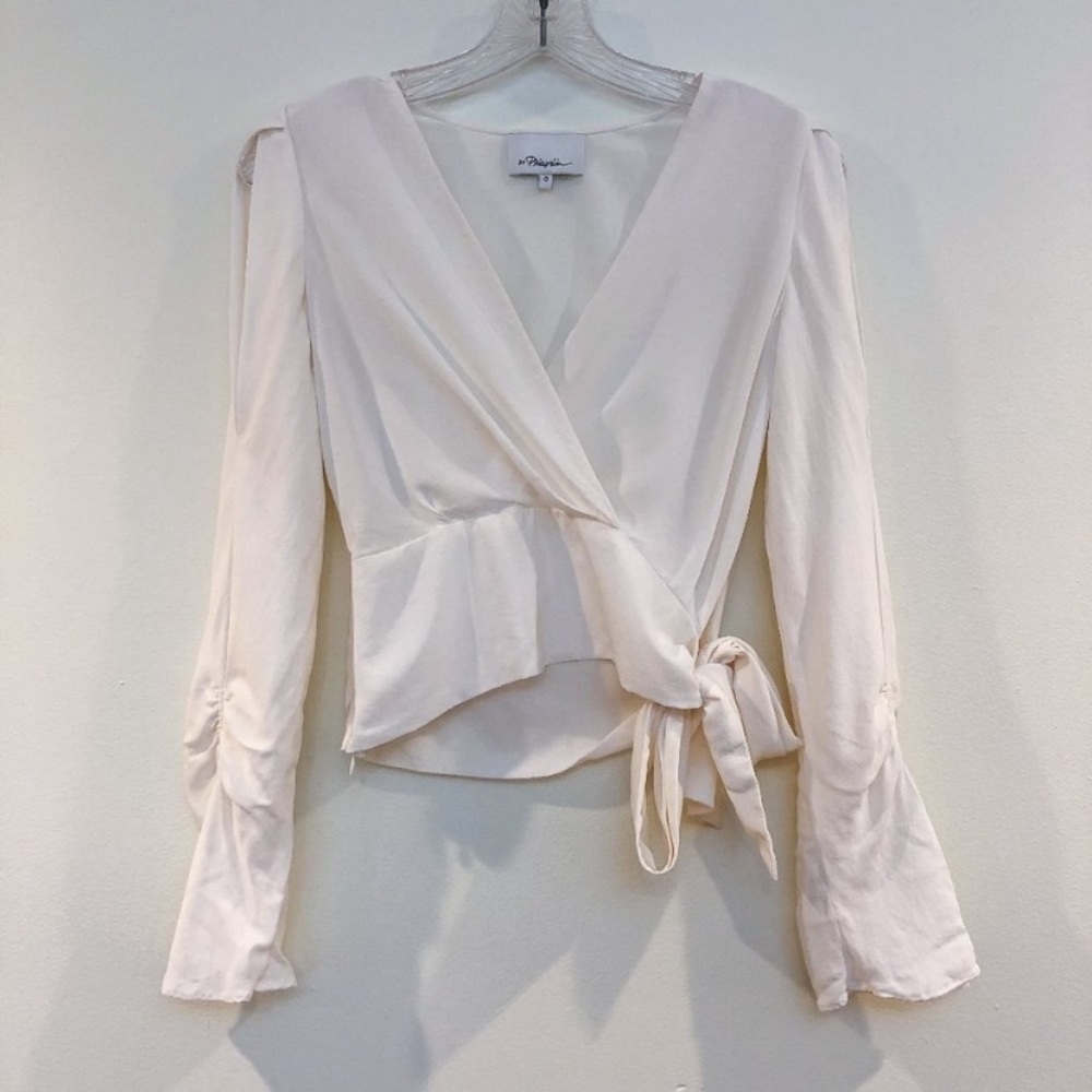 3.1 Phillip Lim 100% Silk Cream Side Tie Sash V Neck Cold Shoulder Crop Blouse